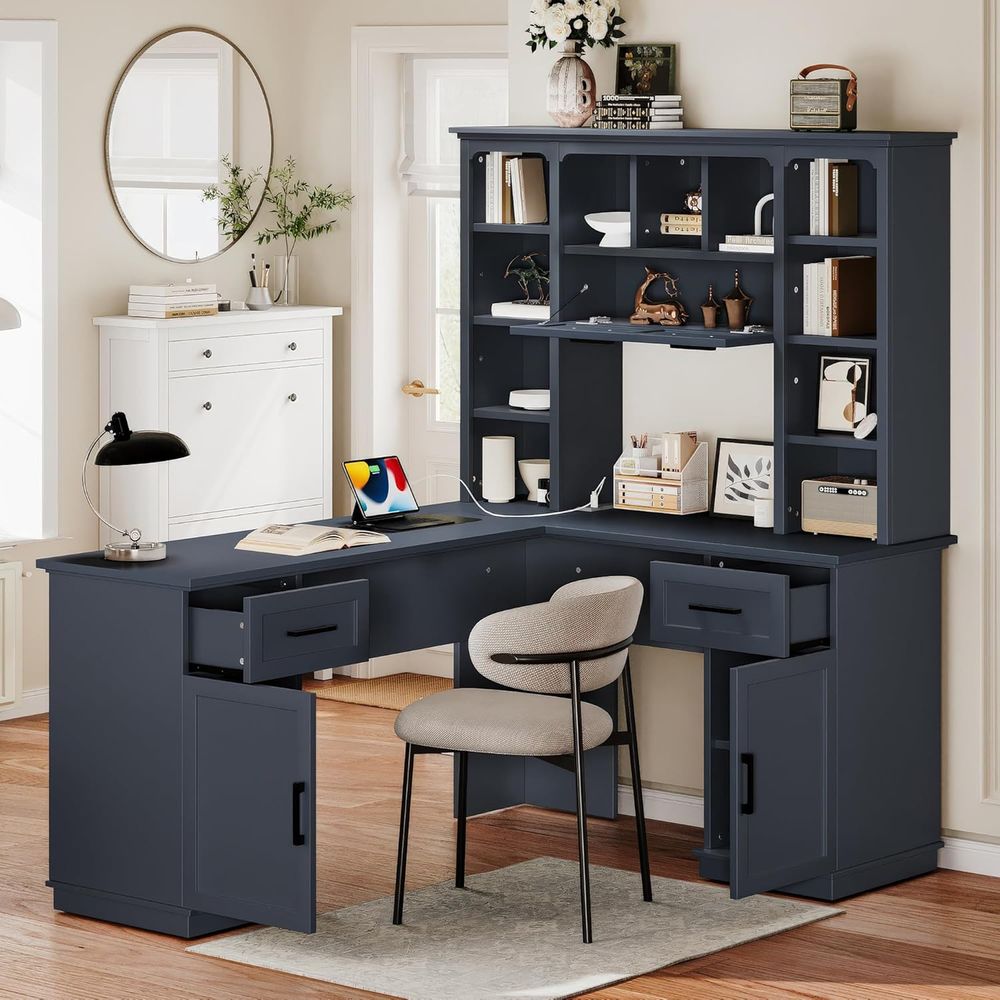 Home Office L Shaped Desk - Mesa em L com Armário Superior,